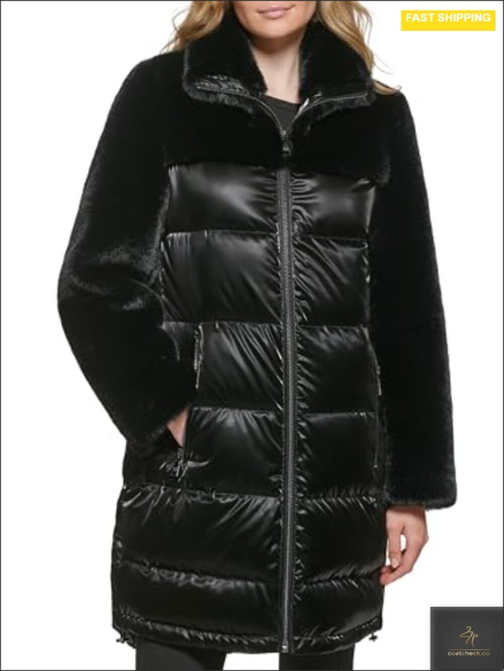 Mixed Media Puffer Jacket Long Sleeve Down Filled Zip Front
